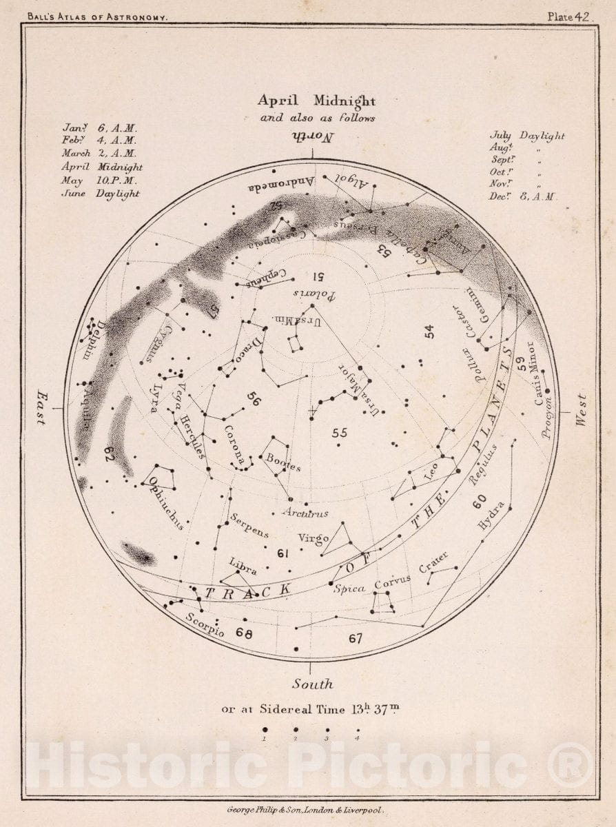 Historic Map : 42. Stars: April Midnight, 1892 Celestial Atlas - Vintage Wall Art