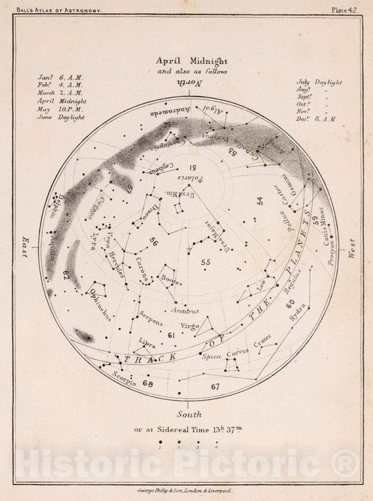 Historic Map : 42. Stars: April Midnight, 1892 Celestial Atlas - Vintage Wall Art