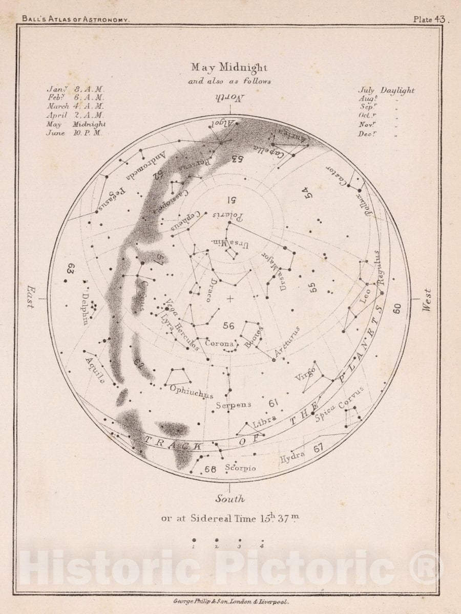 Historic Map : 43. Stars: May Midnight, 1892 Celestial Atlas - Vintage Wall Art