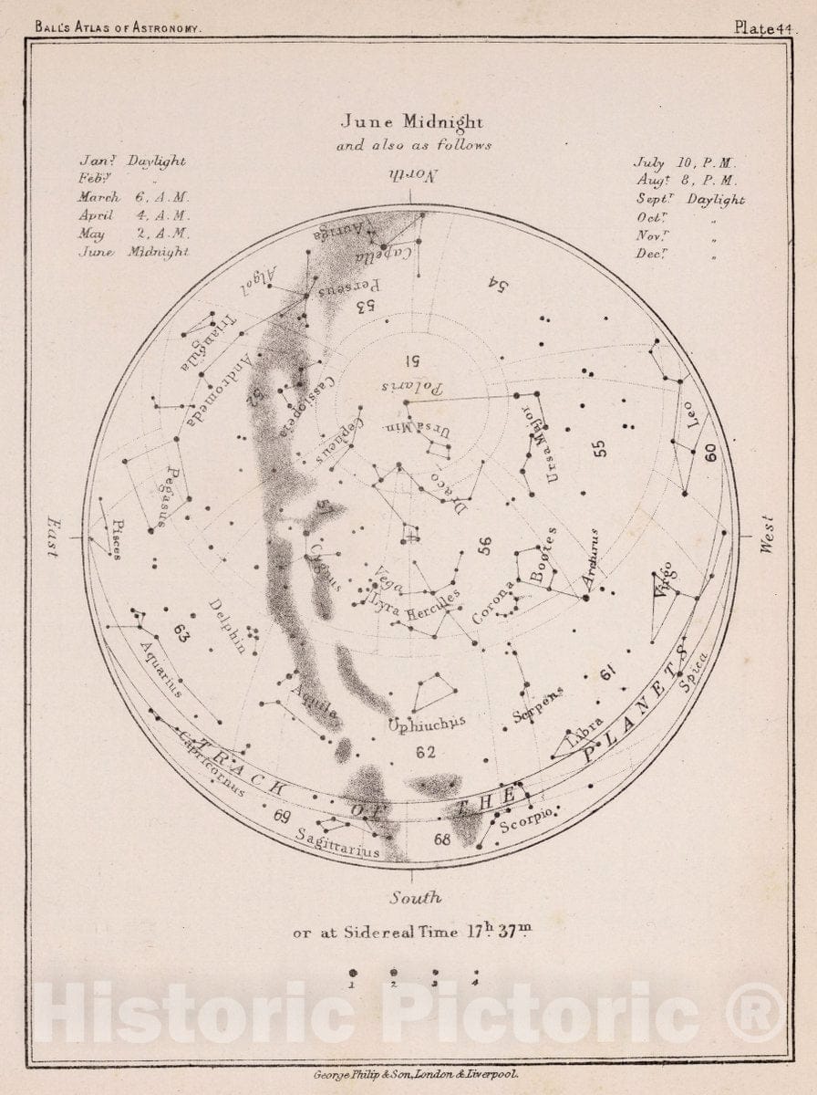 Historic Map : 44. Stars: June Midnight, 1892 Celestial Atlas - Vintage Wall Art