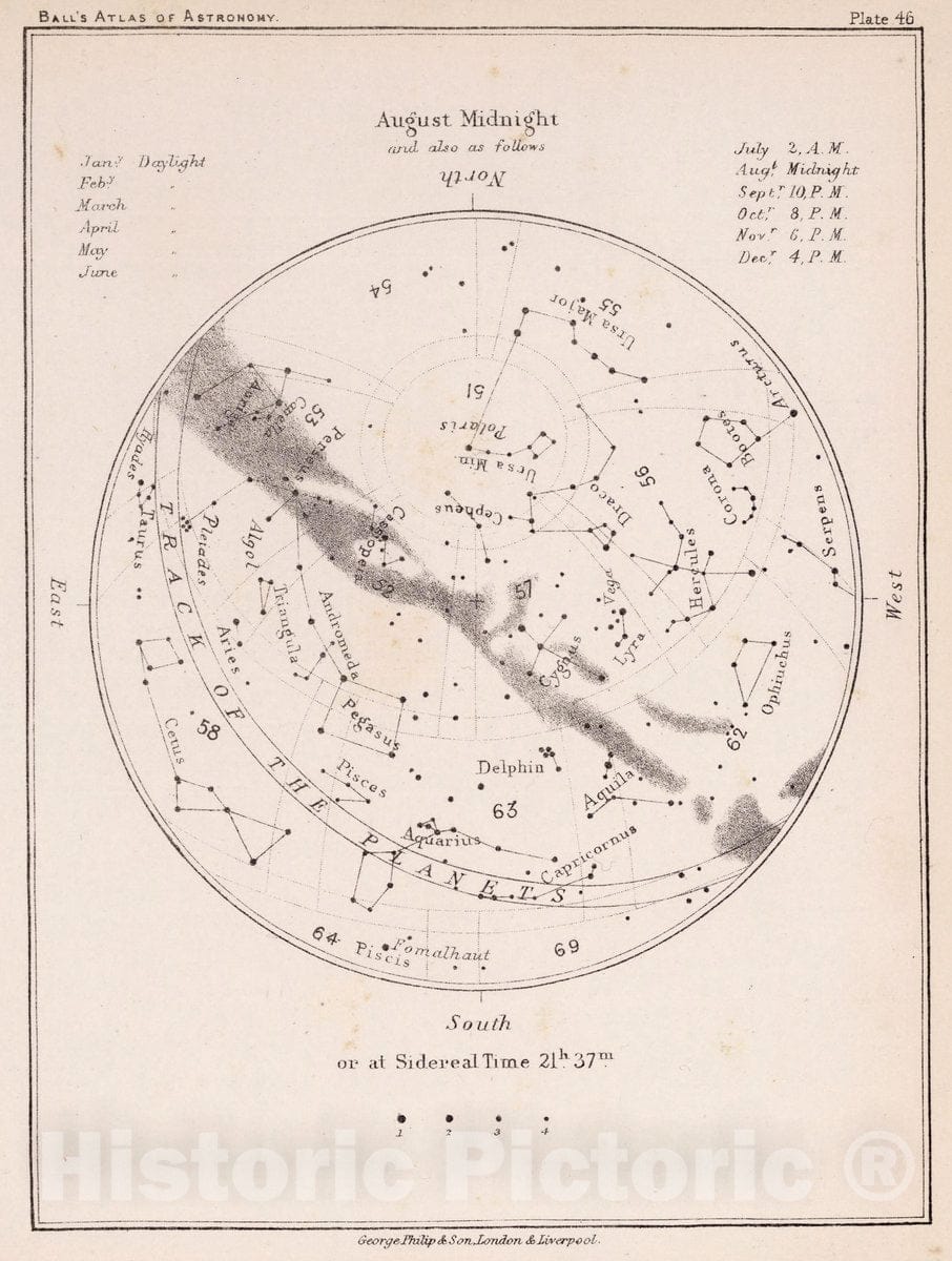 Historic Map : 46. Stars: August Midnight, 1892 Celestial Atlas - Vintage Wall Art