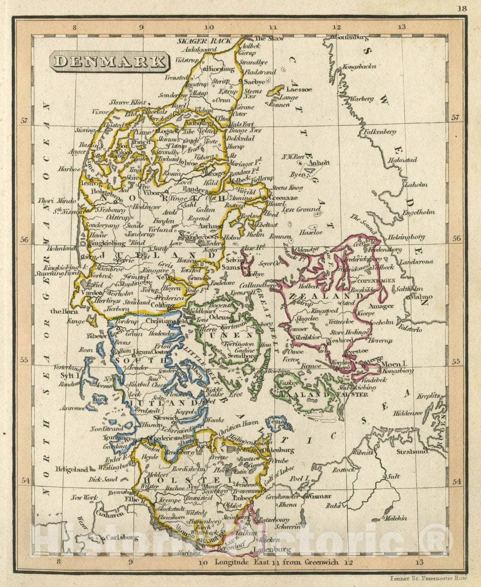 Historic Map : Denmark, 1830 Atlas - Vintage Wall Art