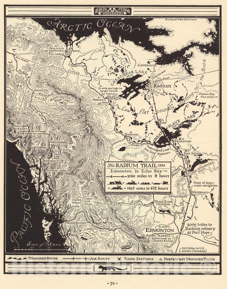 Historic Map : The Radium Trail 1934 : Edmonton to Echo Bay. Richard Edes Harrison, 1934 Pictorial Map - Vintage Wall Art