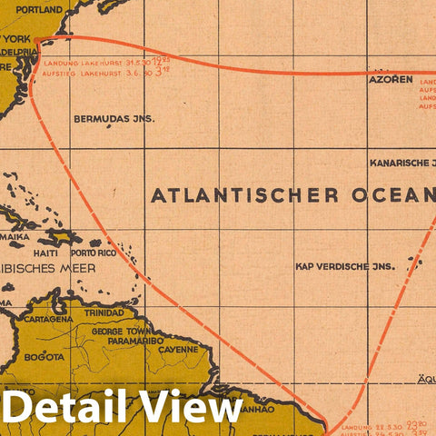 Historic Map : Sud -Amerikafahrt des034;GRAF Zeppelin: 18. Mai bis 6 Juni 1930, 1930 Pictorial Map - Vintage Wall Art