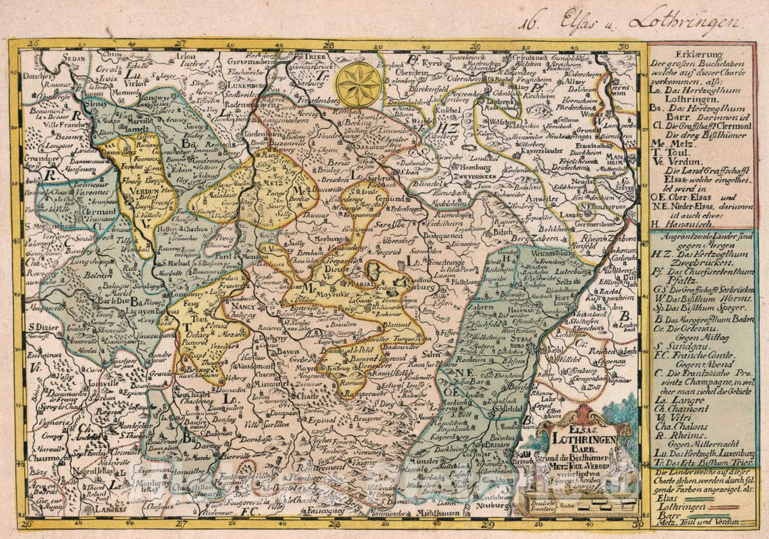 Historic Map : Germany, Vol 1:16- Elsas, Lothringen, Barr und die Bisthumer Metz, Toul u. Verdun, 1740 Atlas , Vintage Wall Art