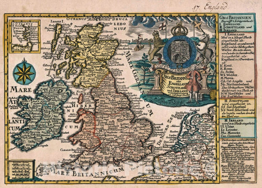 Historic Map : England, Great Britain Vol 1:17- Gros-Britanni. Oder Engelland, Schottland und Irrland, 1740 Atlas , Vintage Wall Art