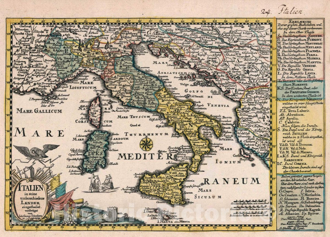 Historic Map : Italy, Vol 1:24- Italien in Seine unterschiedene Laender eingetheilet, 1740 Atlas , Vintage Wall Art