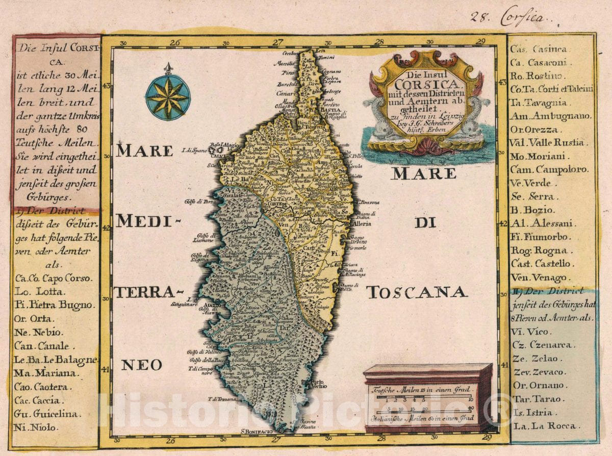 Historic Map : France, Corsica , France Vol 1:28- Die Insul Corsica mit dessen Districten und Aemtern adgetheilet, 1740 Atlas , Vintage Wall Art