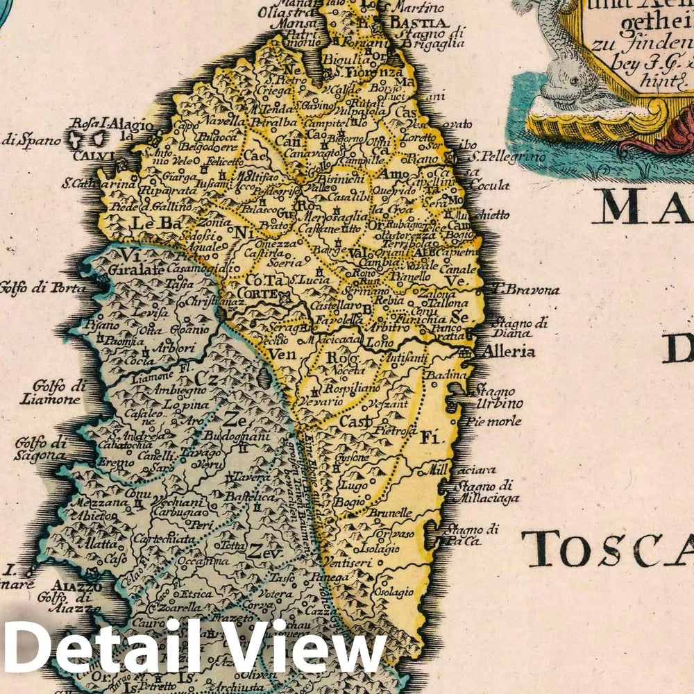 Historic Map : France, Corsica , France Vol 1:28- Die Insul Corsica mit dessen Districten und Aemtern adgetheilet, 1740 Atlas , Vintage Wall Art