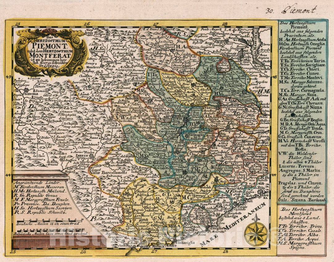 Historic Map : Italy, Vol 1:30- Das Hertzogthum Piemont nebst dem Hertzogthum Montferat, 1740 Atlas , Vintage Wall Art