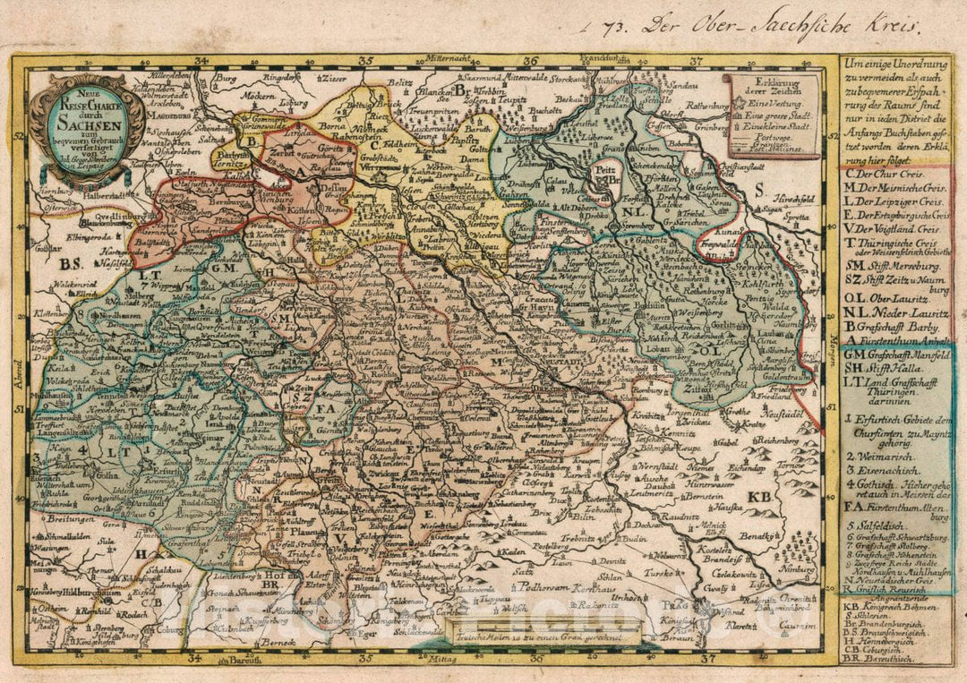 Historic Map : Germany, Vol 1:73- Neue Reise Charte durch Sachsen, 1740 Atlas , Vintage Wall Art