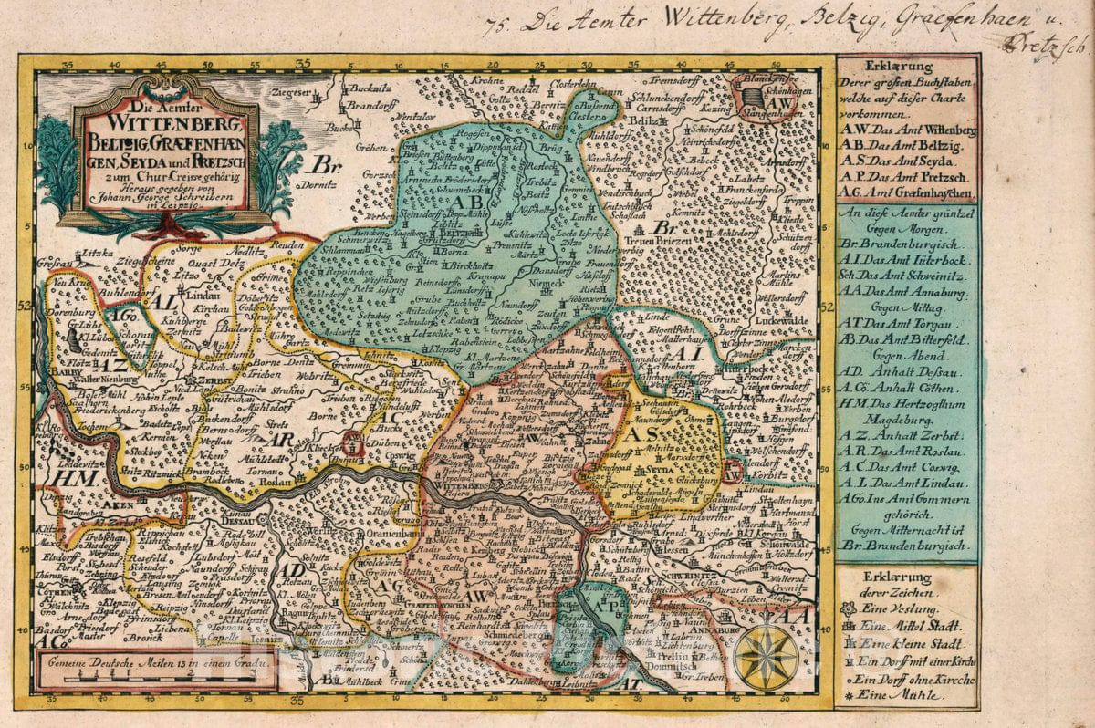 Historic Map : Germany, Vol 1:75- Die Aemter Wittenberg, Beltzig, Graefenhaengen, Seyda und Pretzsch, 1740 Atlas , Vintage Wall Art