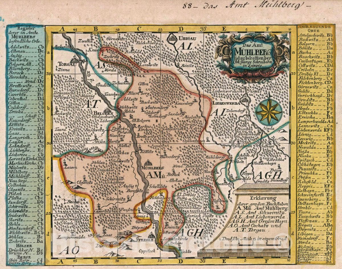 Historic Map : Germany, Das Amt Muhlberg, 1740, Vintage Wall Art