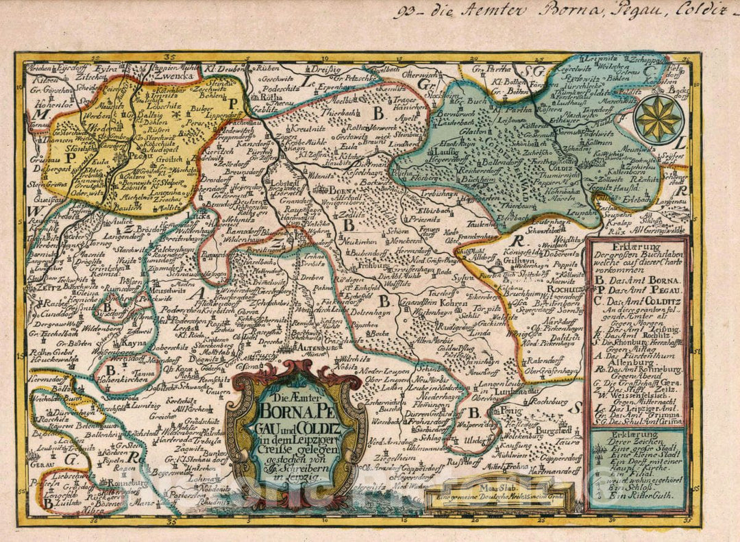 Historic Map : Germany, Saxony , Germany Vol 2:93- Die Aemter Borna, Pegau und Coldiz in dem Leipziger Creisse gelegen, 1740 Atlas , Vintage Wall Art