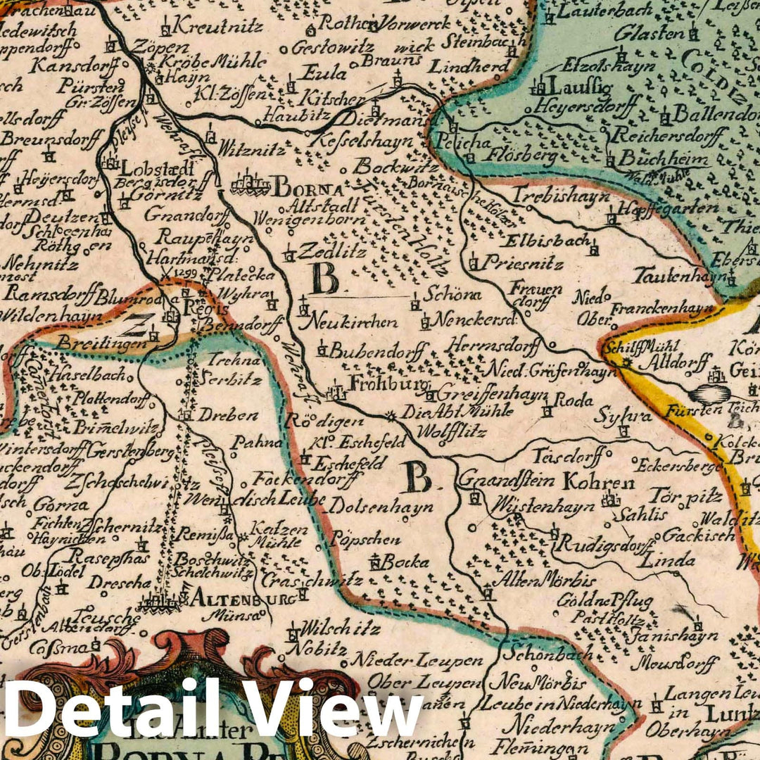 Historic Map : Germany, Saxony , Germany Vol 2:93- Die Aemter Borna, Pegau und Coldiz in dem Leipziger Creisse gelegen, 1740 Atlas , Vintage Wall Art