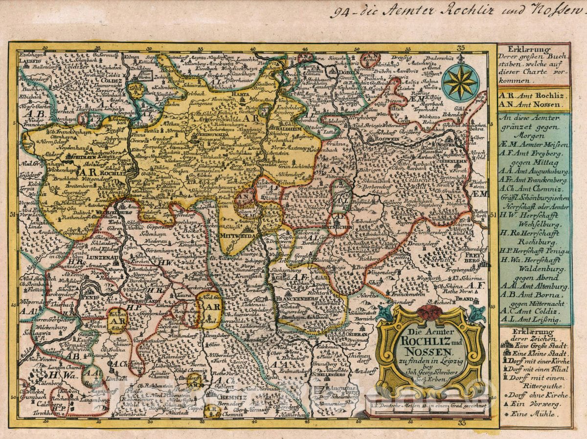 Historic Map : Germany, Saxony , Germany Vol 2:94- Die Aemter Rochliz und Nossen, 1740 Atlas , Vintage Wall Art