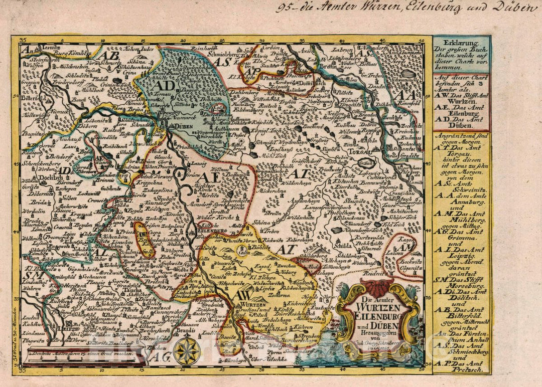 Historic Map : Germany, Saxony , Germany Vol 2:95- Die Aemter Wurtzen Eilenburg und Duben, 1740 Atlas , Vintage Wall Art