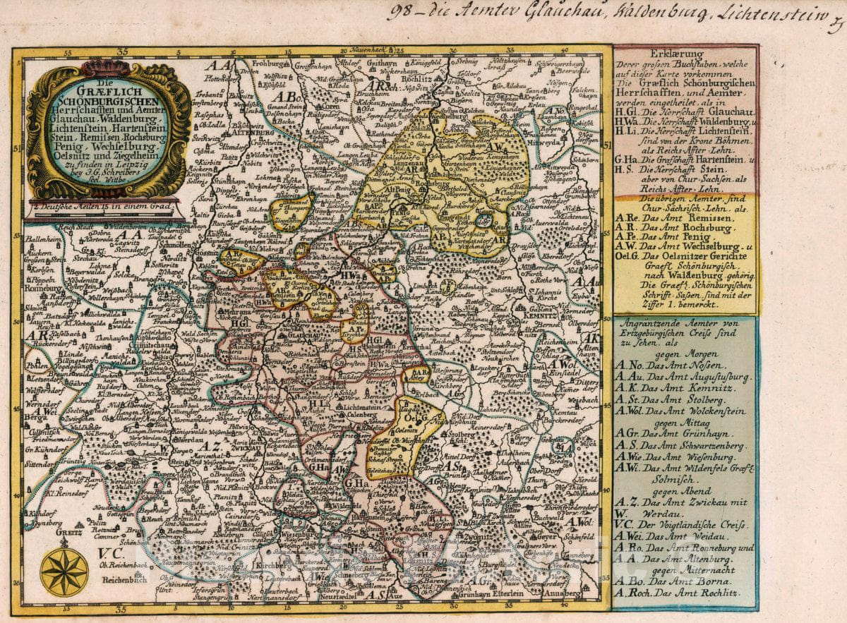 Historic Map : Germany, Saxony , Germany Vol 2:98- Die Graeflich Schonburgischen Herrschafften, 1740 Atlas , Vintage Wall Art