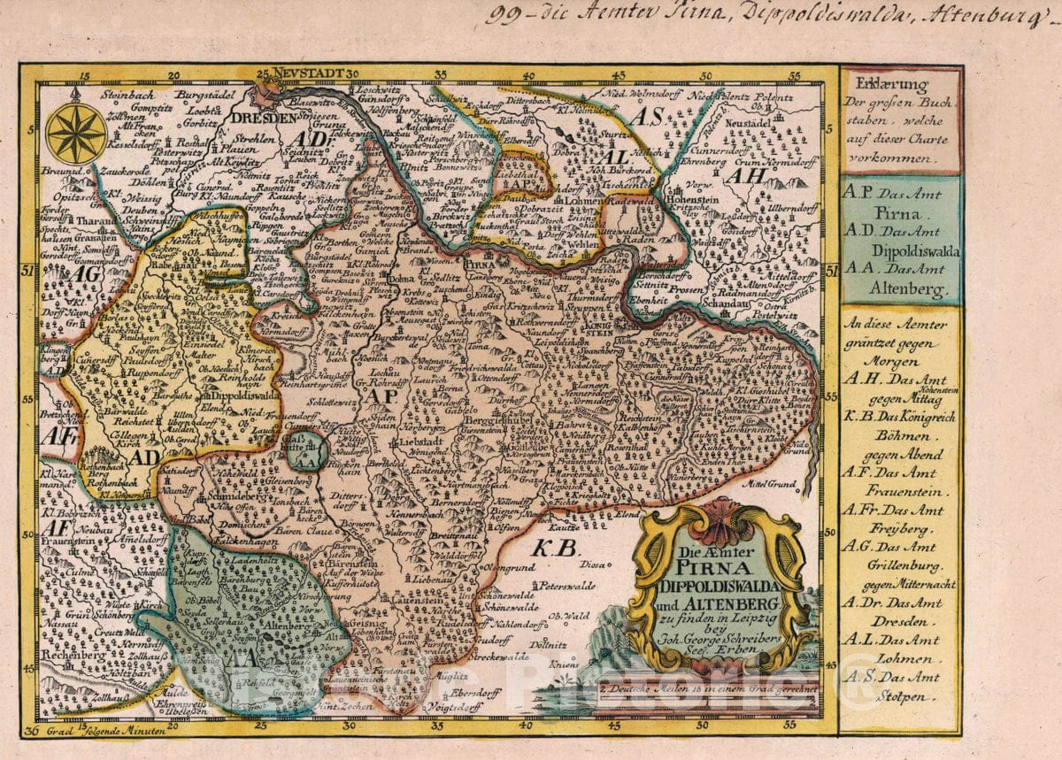 Historic Map : Germany, Saxony , Germany Vol 2:99- Die Aemter Pirna, Dippoldiswalda und Altenberg, 1740 Atlas , Vintage Wall Art