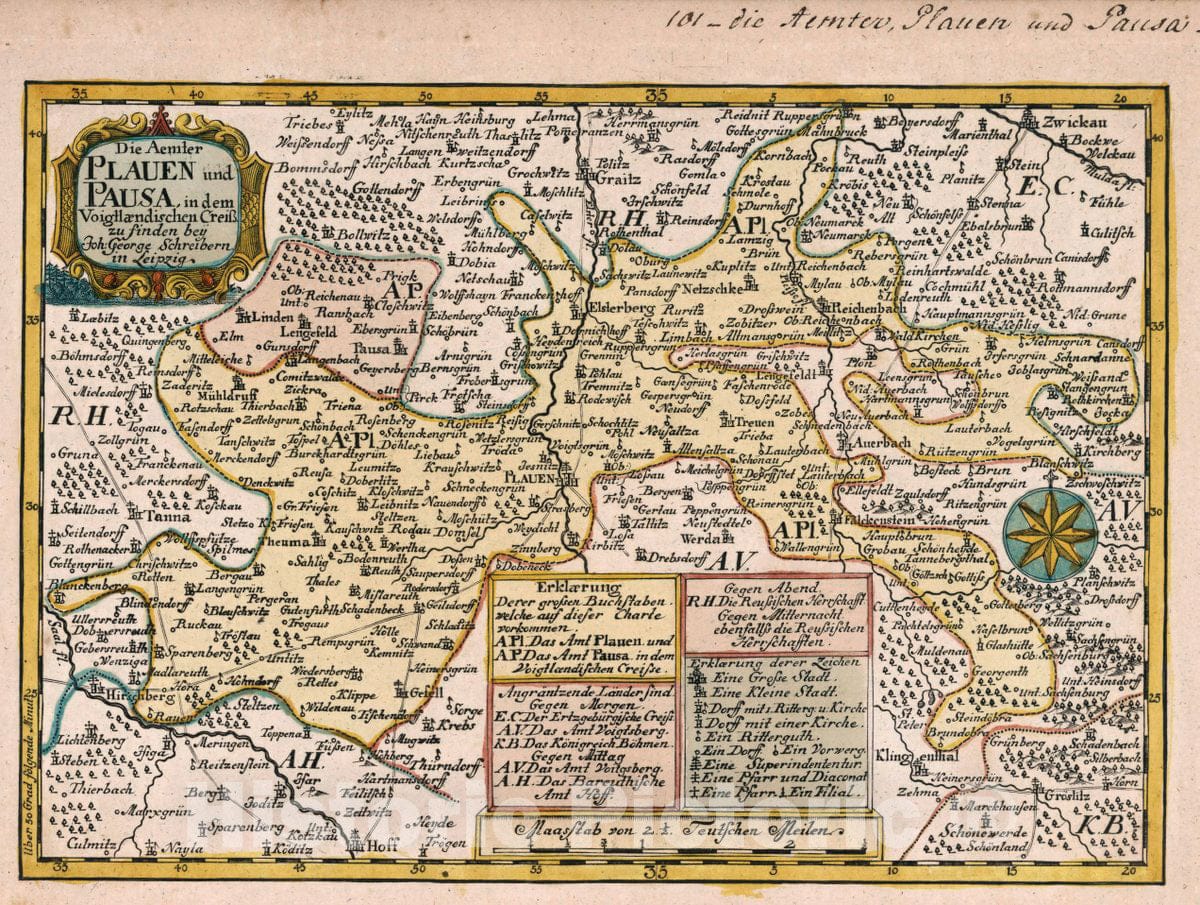 Historic Map : Germany, Saxony , Germany Vol 2:101- Die Aemter Plauen und Pausa, in dem Voigtlaendischen Creiss, 1740 Atlas , Vintage Wall Art