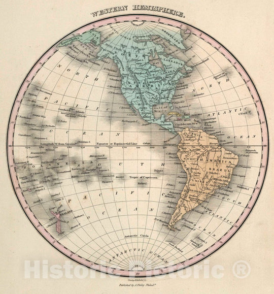 Historic Map : Western Hemisphere. Young & Delleker Sc. Published by A. Finley, Philada, 1827 Atlas - Vintage Wall Art