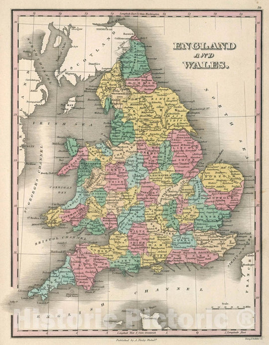 Historic Map : England and Wales. Young & Delleker Sc. Published by A. Finley, Philada, 1827 Atlas - Vintage Wall Art