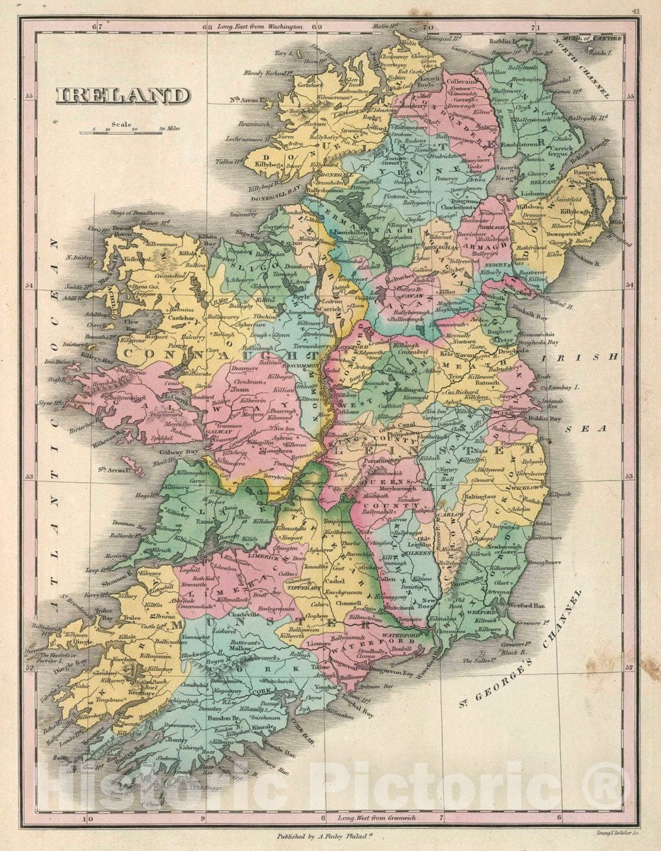 Historic Wall Map : Ireland. Young & Delleker Sc. Published by A. Finley, Philada, 1827 Atlas - Vintage Wall Art