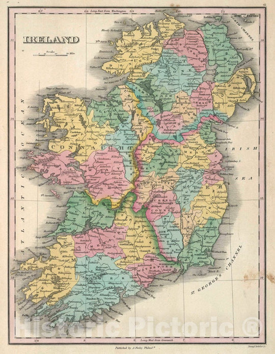 Historic Wall Map : Ireland. Young & Delleker Sc. Published by A. Finley, Philada, 1827 Atlas - Vintage Wall Art