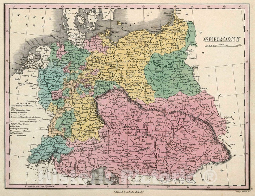 Historic Map : Germany. Young & Delleker Sc. Published by A. Finley, Philada, 1827 Atlas - Vintage Wall Art