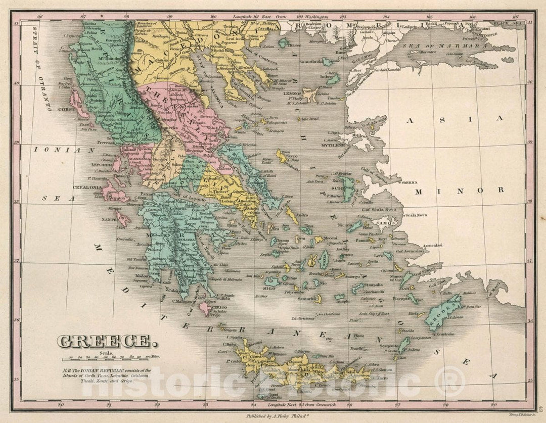 Historic Map : Greece. Young & Delleker Sc. Published by A. Finley, Philada, 1827 Atlas - Vintage Wall Art