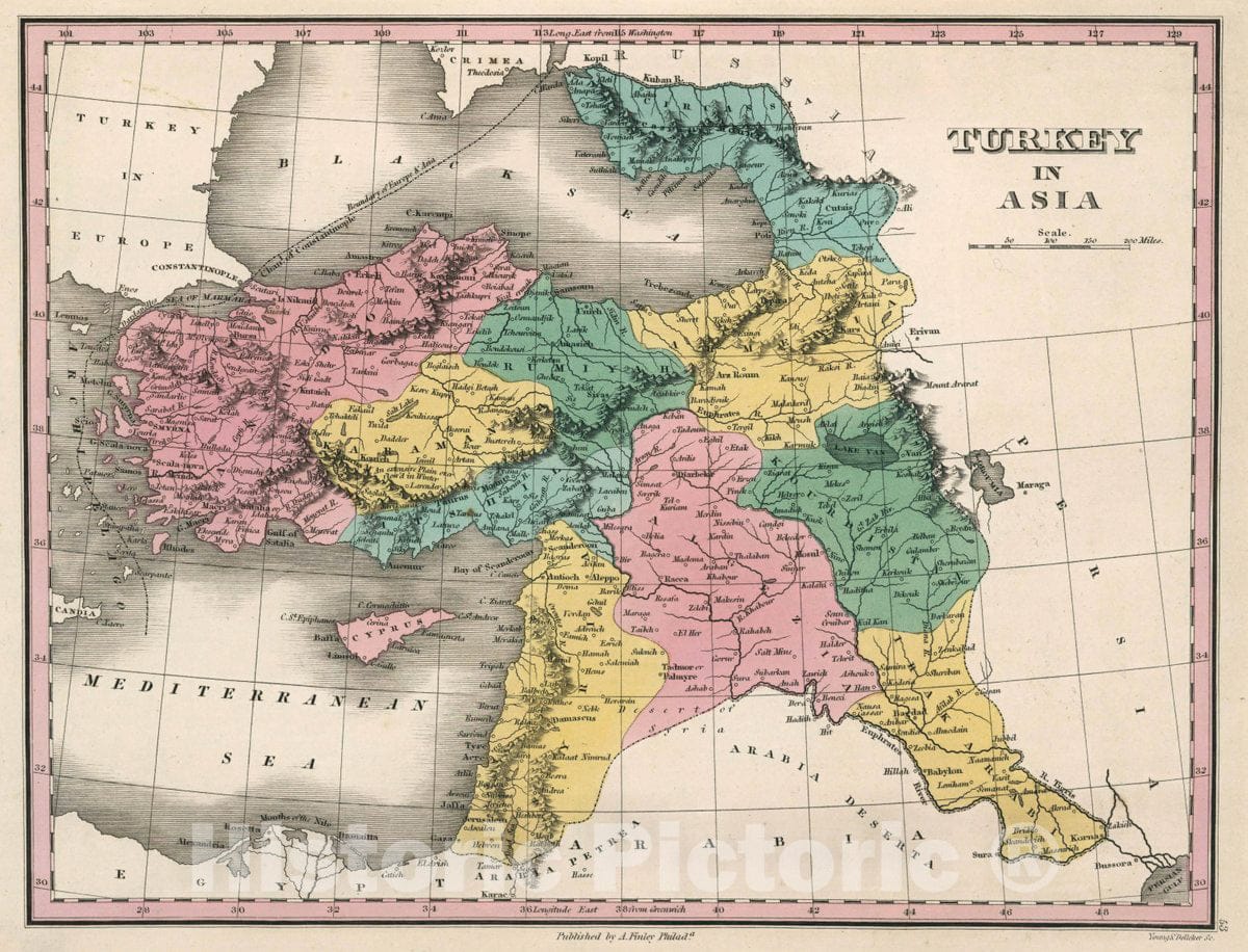 Historic Map : Turkey in Asia. Young & Delleker Sc. Published by A. Finley, Philada. A New General Atlas Comprising a Complete Set of Maps, 1827 Atlas - Vintage Wall Art