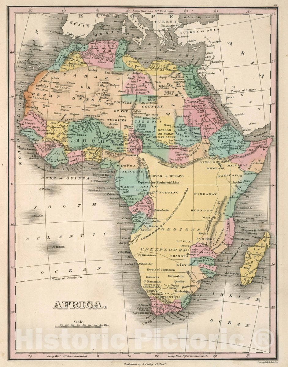 Historic Map : Africa. Young & Delleker Sc. Published by A. Finley, Philada, 1827 Atlas - Vintage Wall Art