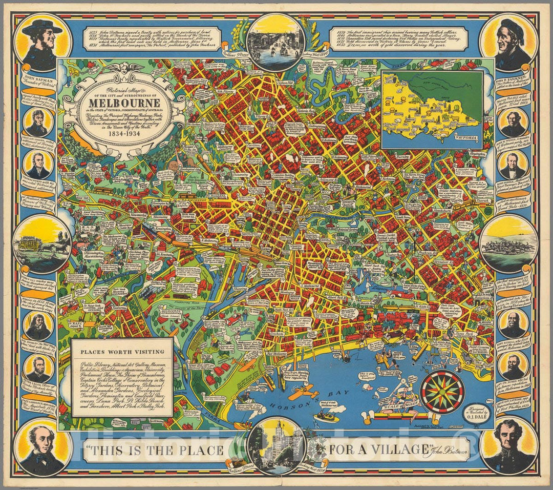 Historic Map : Pictorial map of The City and surroundings of Melbourne, 1934 Pictorial Map - Vintage Wall Art