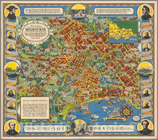 Historic Map : Pictorial map of The City and surroundings of Melbourne, 1934 Pictorial Map - Vintage Wall Art