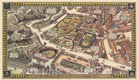 Historic Map : 1931 Pictorial Map - The American Road 21,000,000 Passenger Cars - Vintage Wall Art