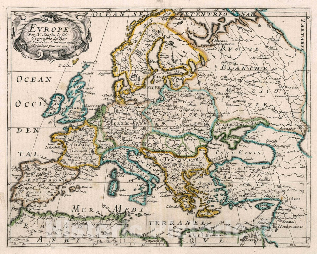 Historic Map : Evrope. Par N. Sanson le fils. Geographe du Roy. A Paris Chez l'Autheur avec Privilege Pour 20 ans, 1648 Atlas - Vintage Wall Art