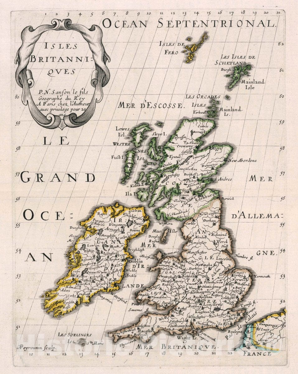 Historic Map : England, British Isles Isles Britanniqves. P. N. Sanson le fils, 1648 Atlas , Vintage Wall Art