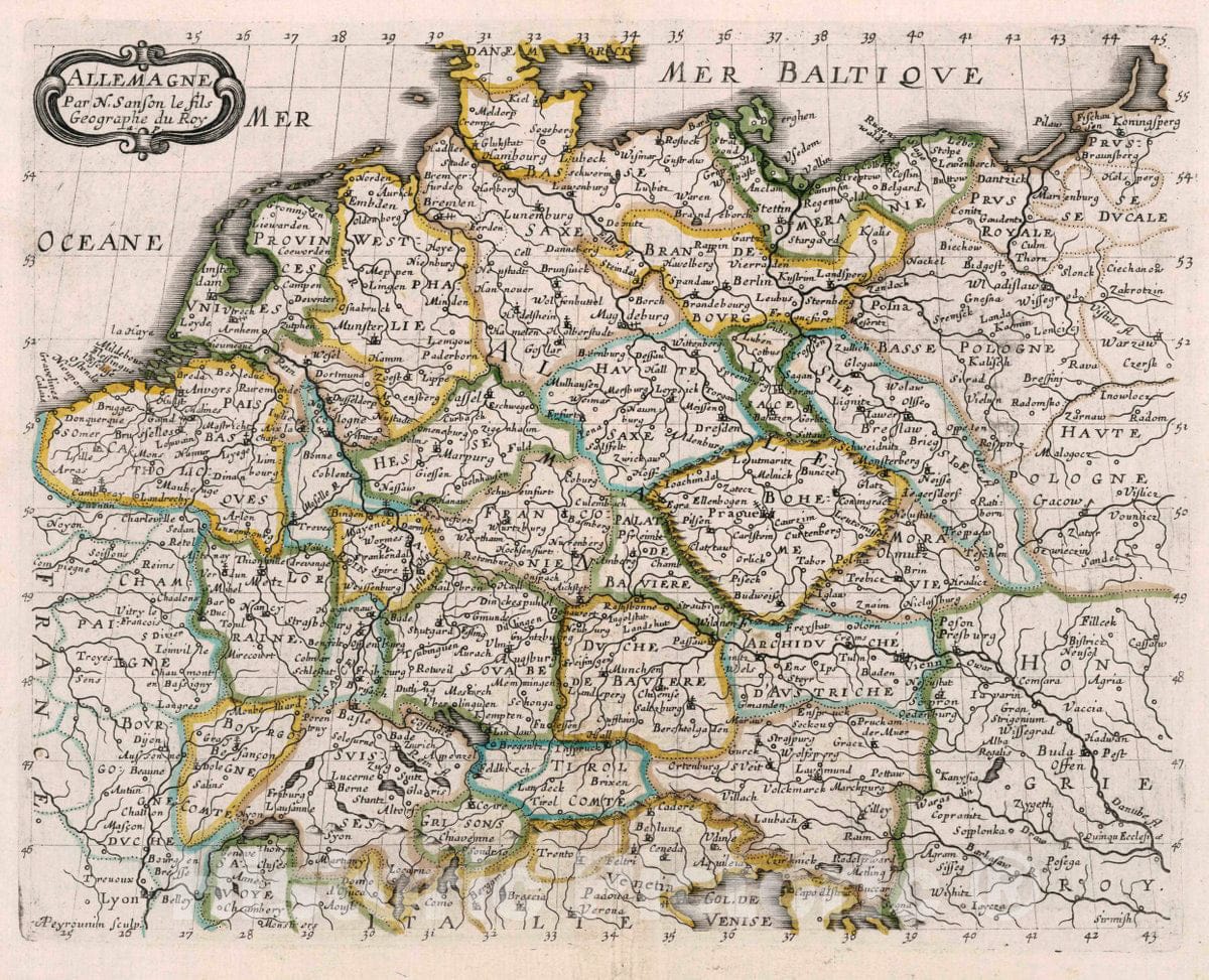 Historic Map : Germany, , Europe Allemagne. Par N. Sanson le fils Geographe du Roy. A. Peyrounin sculp, 1648 Atlas , Vintage Wall Art