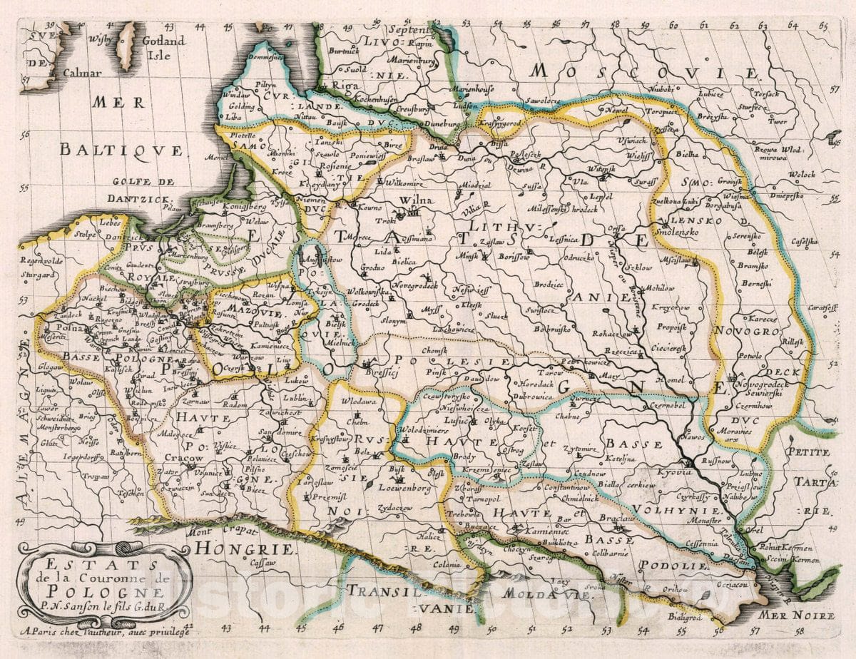 Historic Map : Poland, , Europe Estats et la Couronne de Pologne, 1648 Atlas , Vintage Wall Art