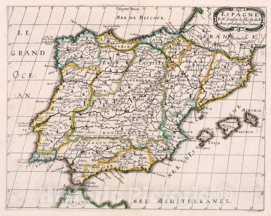 Historic Map : Spain, , Europe Espagne. P. N. Sanson le fils Geog. du R. Avec Privilege, Chez l'Autheur, 1648 Atlas , Vintage Wall Art