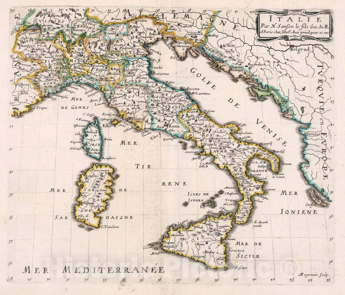 Historic Map : Italy, , Europe Italie. Par N. Sanson le fils Geo. du R. A Paris Chez l'autheur avec Privilege Pour 20 ans. A. Peyrounin sculp, 1648 Atlas , Vintage Wall Art