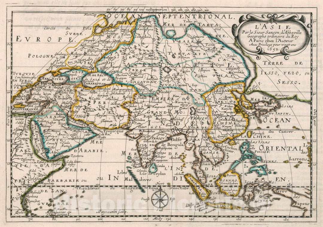 Historic Wall Map : L'Asie : Par le Sieur Sanson d'Abbeville, Geographe ordinaire du Roy. A Paris, Chez l'Autheur. 1652. A. Peyrounin Sculp, 1652Vintage Wall Art