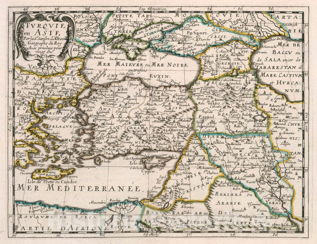 Historic Map : Turkey, , Asia Tvrqvie en Asie : Par le Sr. Sanson d'Abbeville, Geographe du Roy. Avec Privilege Pour vingt Ans 1652, 1652 Atlas , Vintage Wall Art