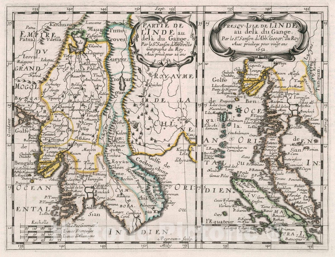 Historic Map : India, Southeast Asia Partie De L'Inde au dela du Gange. Presqu-Isle de l'Inde au dela du Gange, 1652 Atlas , Vintage Wall Art