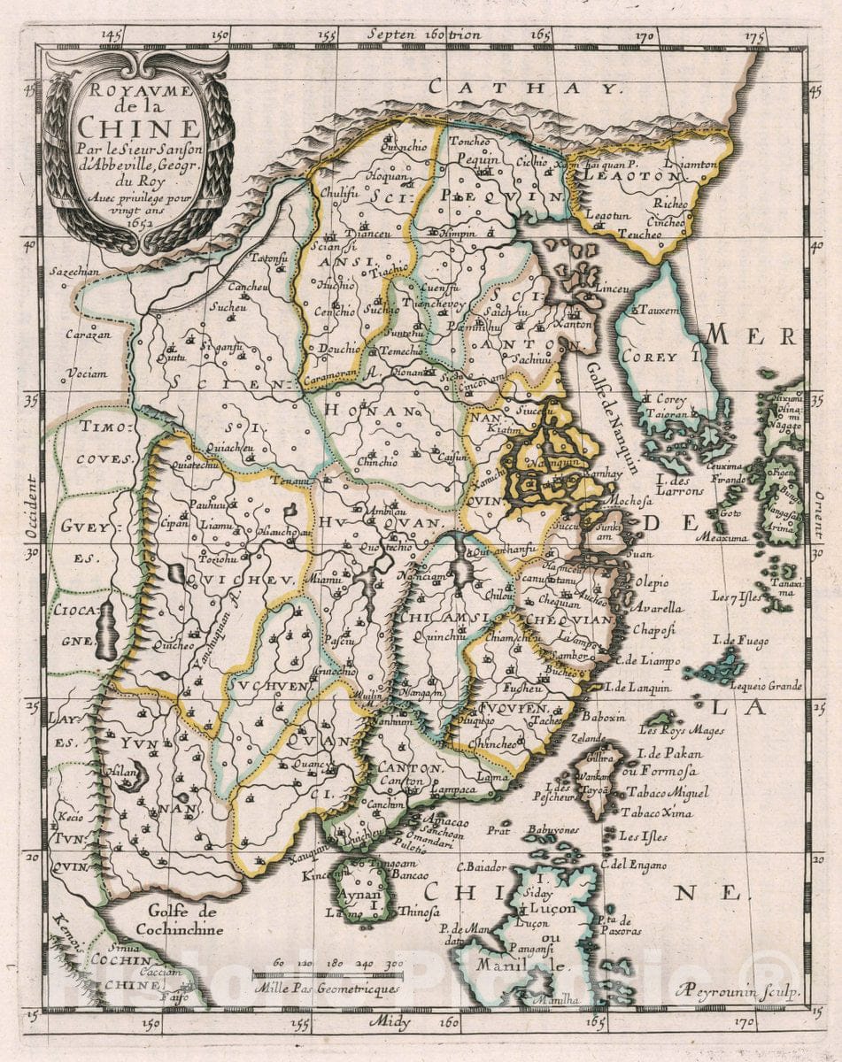 Historic Map : China, , Asia Royavme de la Chine : Par le Sieur Sanson d'Abbeville 1652, Vintage Wall Art