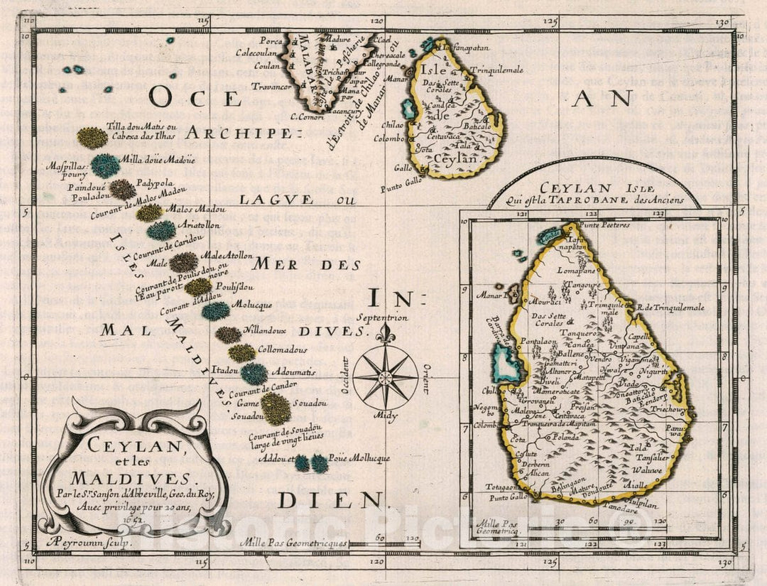 Historic Map : Sri Lanka, Ceylan et les Maldives. Par le Sr. Sanson d'Abbeville, 1652., Vintage Wall Art