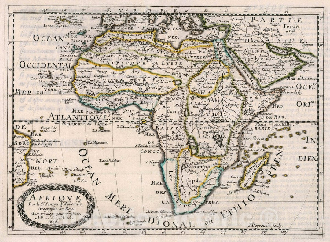 Historic Map : Afrique. Par le Sur. Sanson d'Abbeville, Geographe du Roy. Avec privilege pour vingtans. A Paris chez l'Autheur. 1656. A. Peyrounin sculp, 1656 AtlasVintage Wall Art