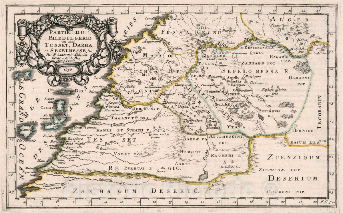 Historic Map : Africa, Northern 1656 Partie Du Biledul-Gerid ou Sont Tesset, Darha, et Segelmesse &c. , Vintage Wall Art