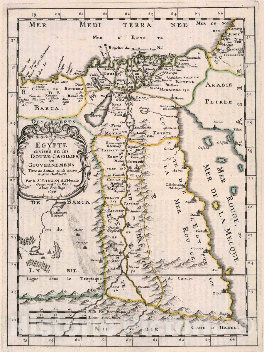 Historic Map : Egypt, , Africa Egypte : divisee en SES Douze cassilifs, ou gouvernemens, 1656 Atlas , Vintage Wall Art