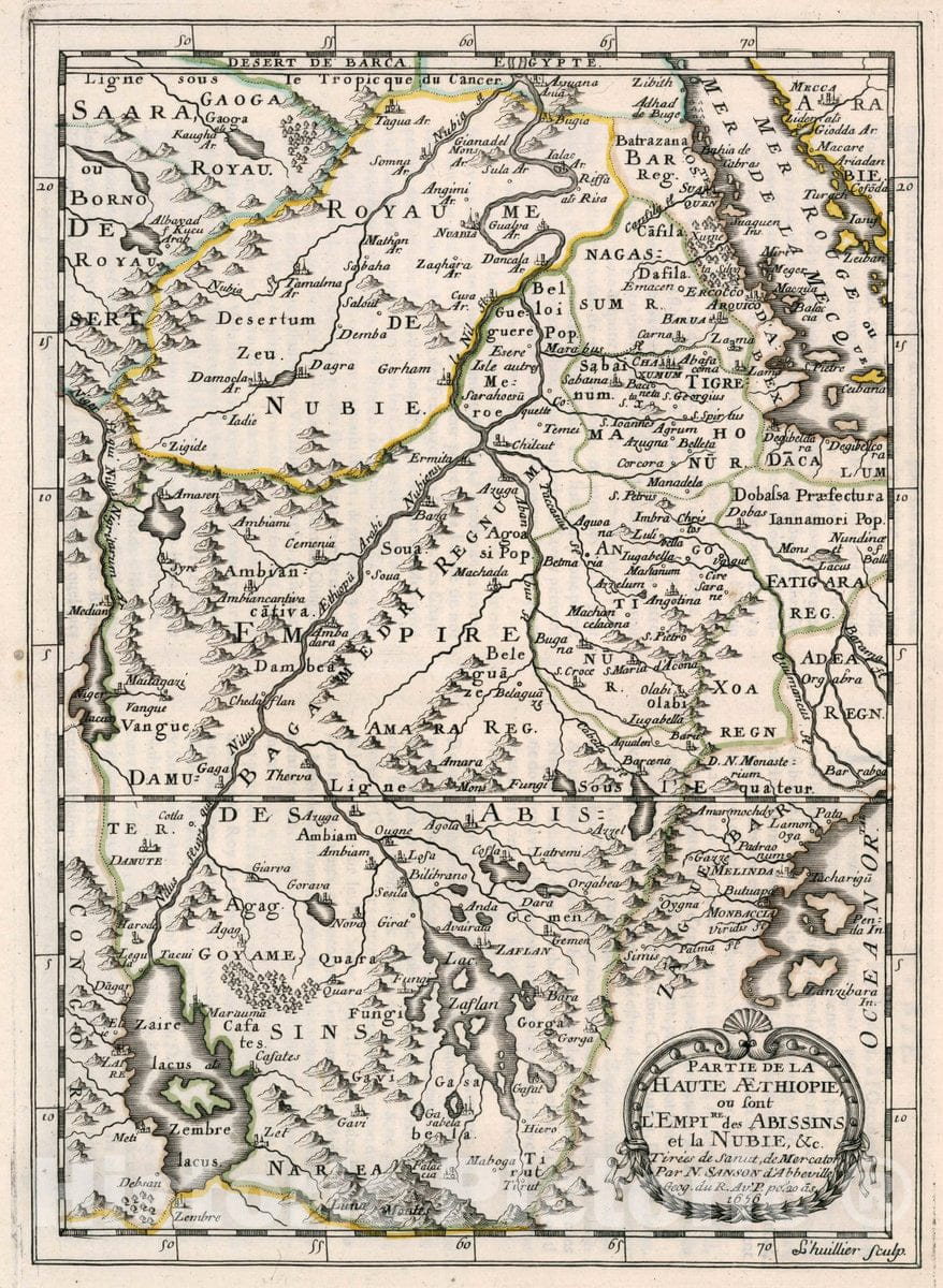 Historic Map : Ethiopia, Africa, East Partie De La Haute Aethiopie ou sont L'Empire des Abissins et la Nubie &c, 1656 Atlas , Vintage Wall Art